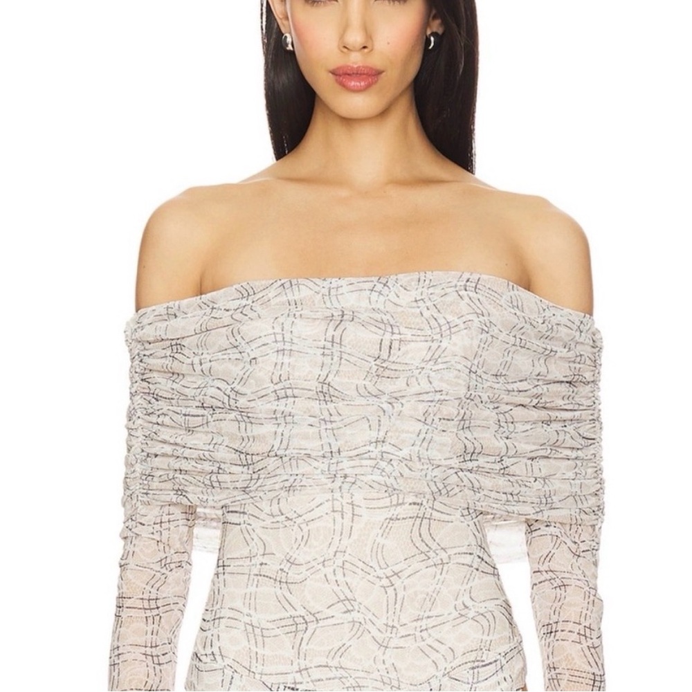 Off-Shoulder Ruched Lace Dress in Light Beige and Charcoal